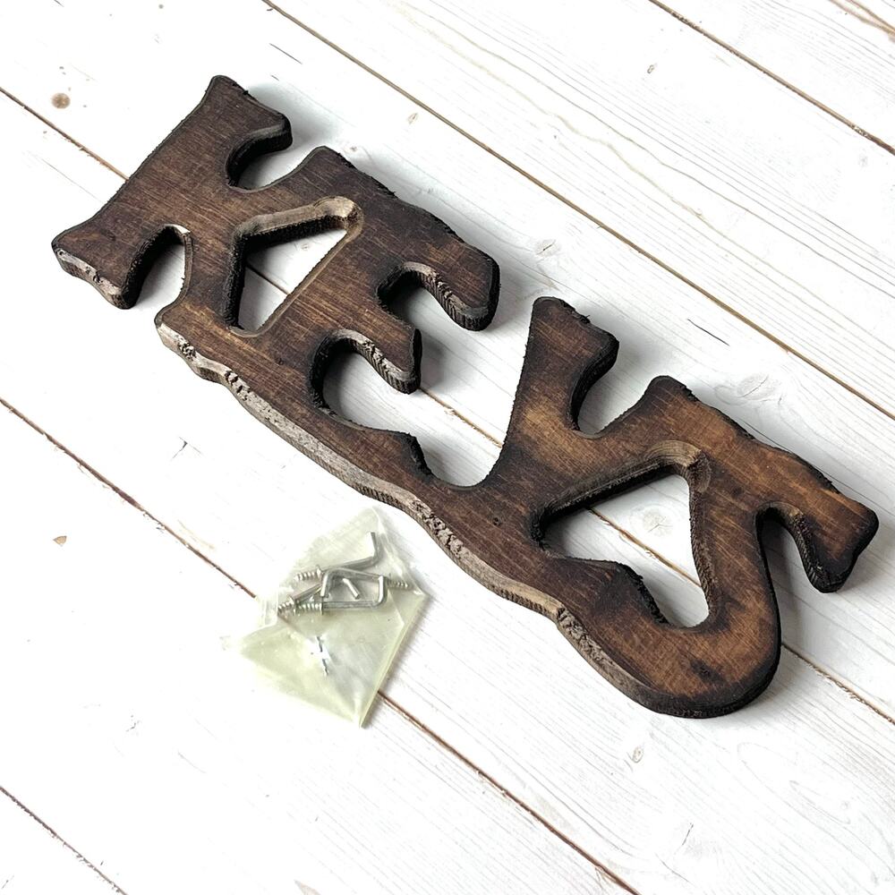 Vintage Wood KEYS Sign Key Holder Rustic Unvarnished Dark Finish 3 Hooks Taiwan